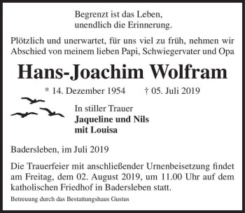 Traueranzeige von Hans-Joachim Wolfram  von Magdeburger Volksstimme