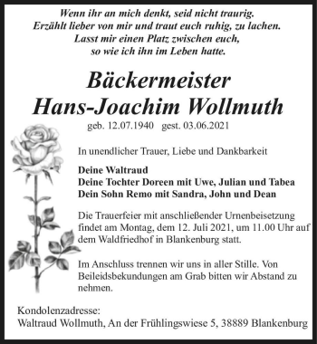 Traueranzeige von Hans-Joachim Wollmuth  von Magdeburger Volksstimme