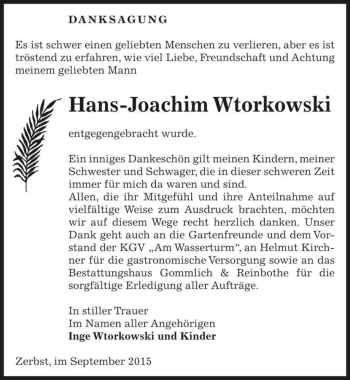 Traueranzeige von Hans-Joachim Wtorkowski  von Magdeburger Volksstimme