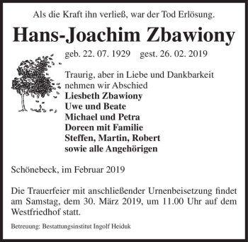 Traueranzeige von Hans-Joachim Zbawiony  von Magdeburger Volksstimme