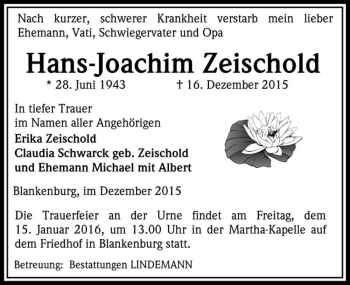 Traueranzeige von Hans-Joachim Zeischold  von Magdeburger Volksstimme