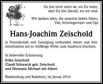 Traueranzeige von Hans-Joachim Zeischold  von Magdeburger Volksstimme