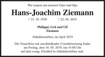 Traueranzeige von Hans-Joachim Ziemann  von Magdeburger Volksstimme