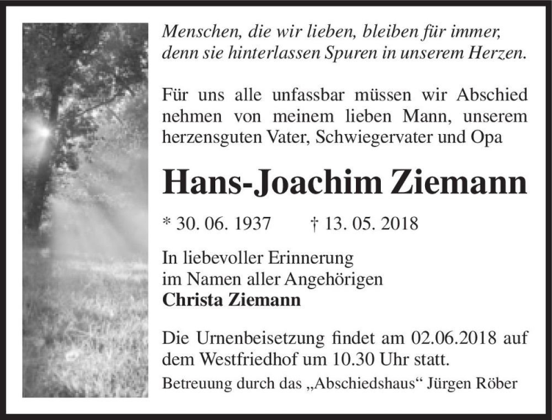  Traueranzeige für Hans-Joachim Ziemann  vom 19.05.2018 aus Magdeburger Volksstimme