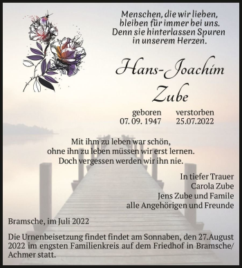 Traueranzeige von Hans-Joachim Zube  von Magdeburger Volksstimme