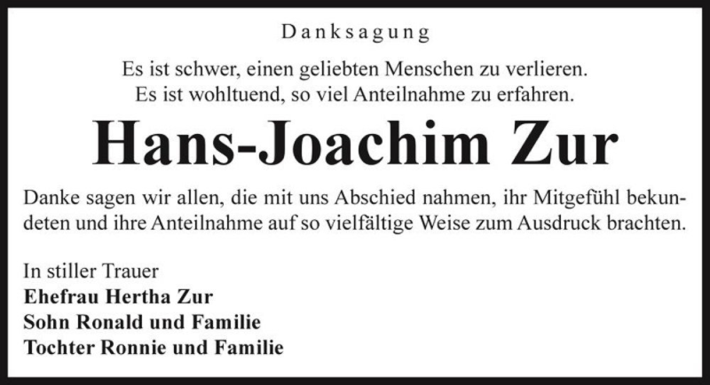  Traueranzeige für Hans-Joachim Zur  vom 05.10.2015 aus Magdeburger Volksstimme