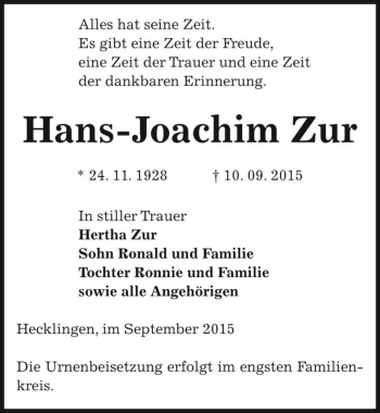 Traueranzeige von Hans-Joachim Zur  von Magdeburger Volksstimme