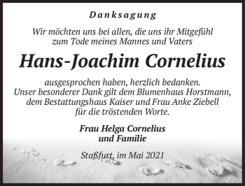 Traueranzeige von Hans-Joacim Cornelius  von Magdeburger Volksstimme