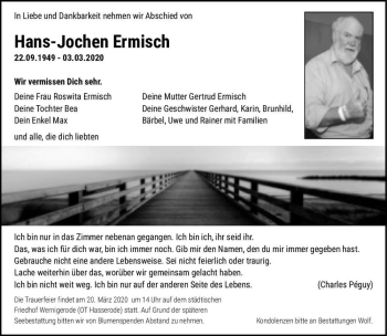 Traueranzeige von Hans-Jochen Ermisch  von Magdeburger Volksstimme