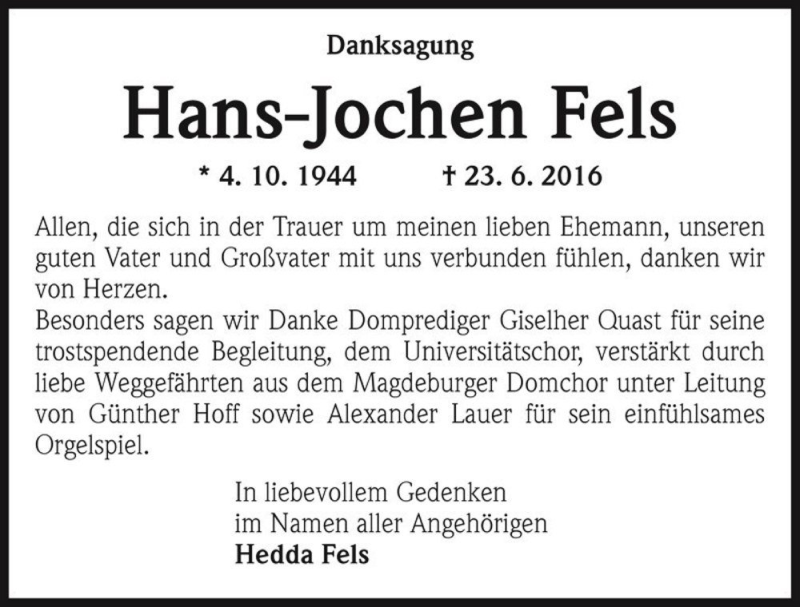  Traueranzeige für Hans-Jochen Fels  vom 16.07.2016 aus Magdeburger Volksstimme
