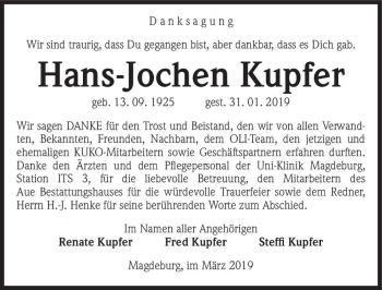 Traueranzeige von Hans-Jochen Kupfer  von Magdeburger Volksstimme