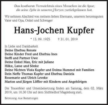 Traueranzeige von Hans-Jochen Kupfer  von Magdeburger Volksstimme