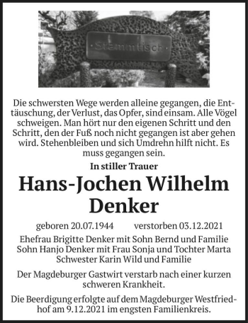 Traueranzeige von Hans-Jochen Wilhelm Denker  von Magdeburger Volksstimme
