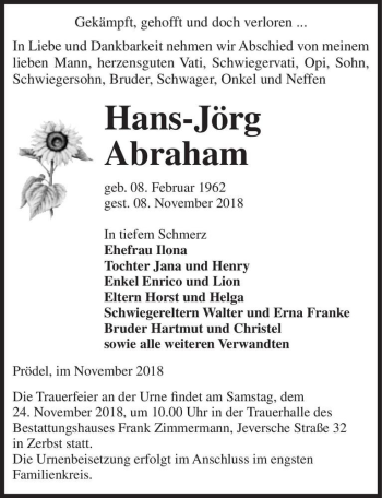 Traueranzeige von Hans-Jörg Abraham  von Magdeburger Volksstimme