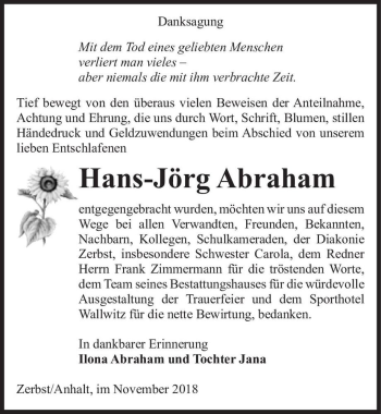 Traueranzeige von Hans-Jörg Abraham  von Magdeburger Volksstimme