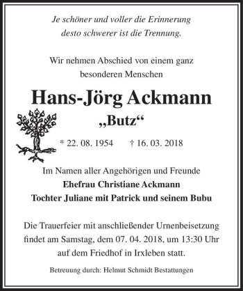 Traueranzeige von Hans-Jörg Ackmann 
