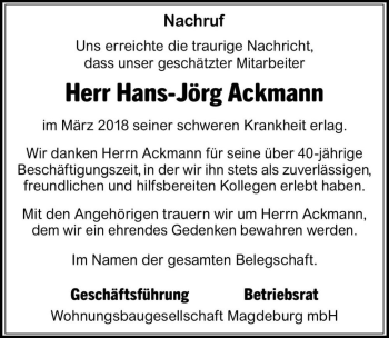 Traueranzeige von Hans-Jörg Ackmann  von Magdeburger Volksstimme