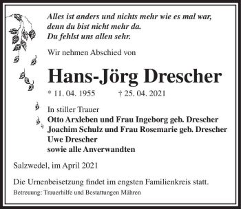 Traueranzeige von Hans-Jörg Drescher  von Magdeburger Volksstimme