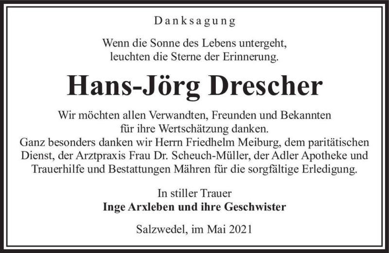  Traueranzeige für Hans-Jörg Drescher  vom 19.05.2021 aus Magdeburger Volksstimme