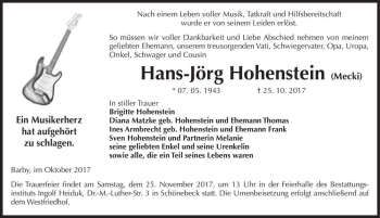 Traueranzeige von Hans-Jörg Hohenstein (Mecki)  von Magdeburger Volksstimme