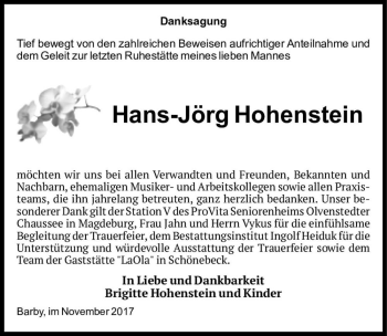 Traueranzeige von Hans-Jörg Hohenstein  von Magdeburger Volksstimme