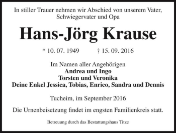 Traueranzeige von Hans-Jörg Krause  von Magdeburger Volksstimme