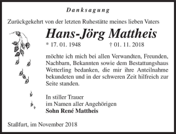 Traueranzeige von Hans-Jörg Mattheis  von Magdeburger Volksstimme