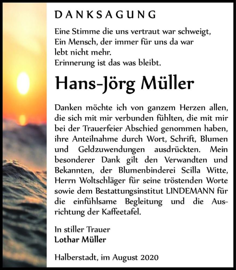  Traueranzeige für Hans-Jörg Müller  vom 29.08.2020 aus Magdeburger Volksstimme