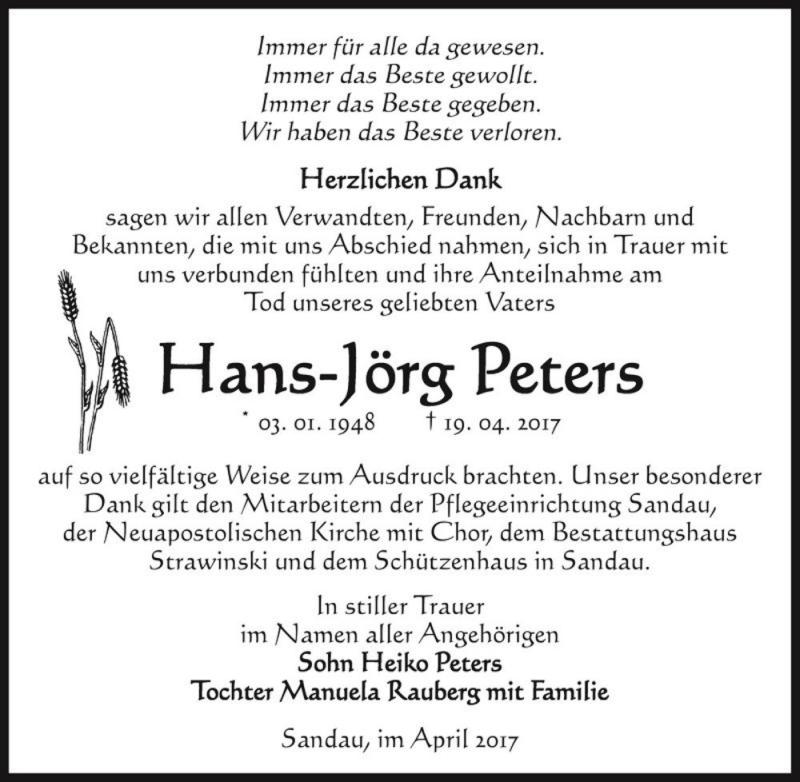  Traueranzeige für Hans-Jörg Peters  vom 27.05.2017 aus Magdeburger Volksstimme