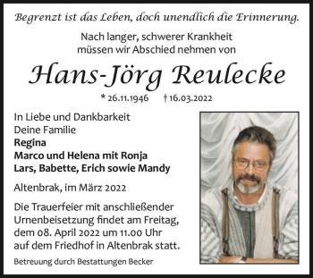 Traueranzeige von Hans-Jörg Reulecke  von Magdeburger Volksstimme