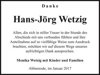 Traueranzeige von Hans-Jörg Wetzig  von Magdeburger Volksstimme