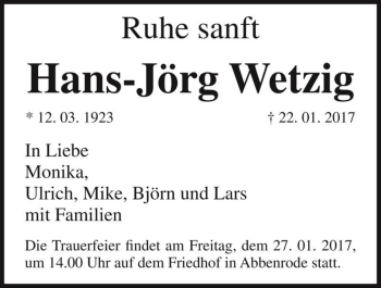 Traueranzeige von Hans-Jörg Wetzig  von Magdeburger Volksstimme