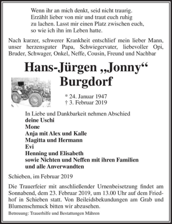 Traueranzeige von Hans-Jürgen ,,Jonny