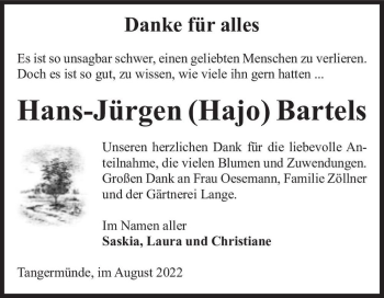 Traueranzeige von Hans-Jürgen (Hajo) Bartels  von Magdeburger Volksstimme