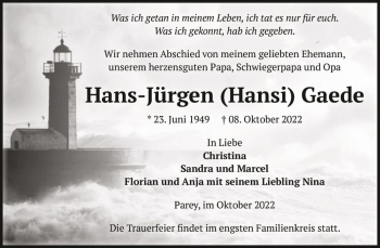 Traueranzeige von Hans-Jürgen (Hansi) Gaede  von Magdeburger Volksstimme