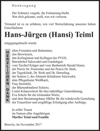 Traueranzeige von Hans-Jürgen (Hansi) Teiml  von Magdeburger Volksstimme