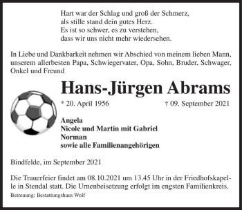 Traueranzeige von Hans-Jürgen Abrams  von Magdeburger Volksstimme