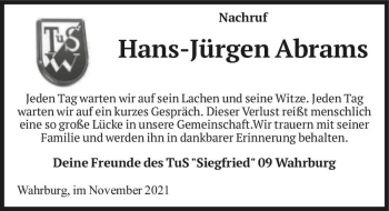 Traueranzeige von Hans-Jürgen Abrams  von Magdeburger Volksstimme