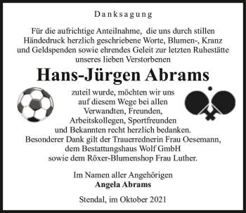 Traueranzeige von Hans-Jürgen Abrams  von Magdeburger Volksstimme