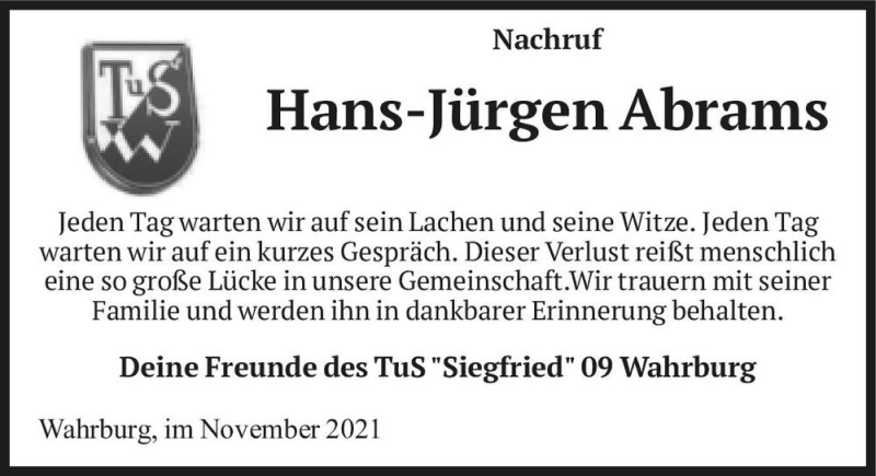  Traueranzeige für Hans-Jürgen Abrams  vom 13.11.2021 aus Magdeburger Volksstimme