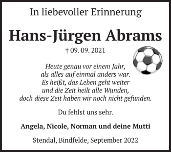 Traueranzeige von Hans-Jürgen Abrams  von Magdeburger Volksstimme