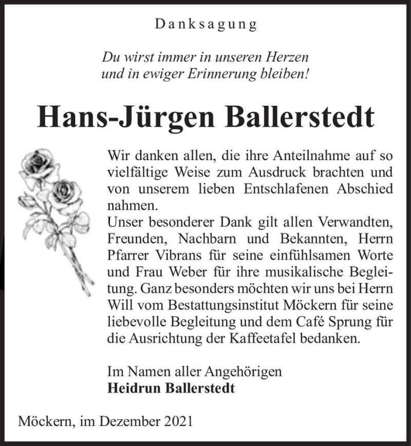  Traueranzeige für Hans-Jürgen Ballerstedt  vom 24.12.2021 aus Magdeburger Volksstimme
