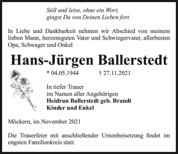 Traueranzeige von Hans-Jürgen Ballerstedt  von Magdeburger Volksstimme