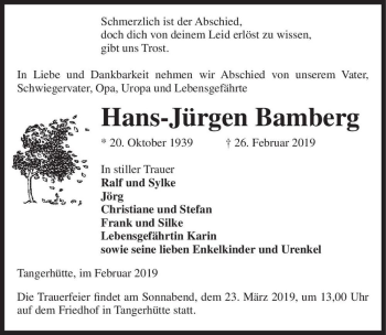 Traueranzeige von Hans-Jürgen Bamberg  von Magdeburger Volksstimme