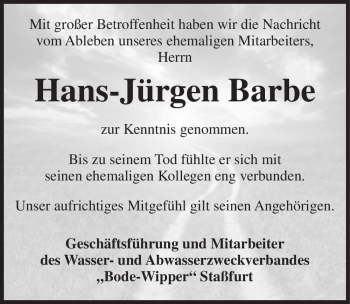 Traueranzeige von Hans-Jürgen Barbe  von Magdeburger Volksstimme