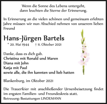 Traueranzeige von Hans-Jürgen Bartels  von Magdeburger Volksstimme
