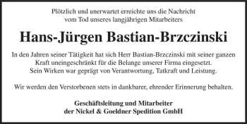 Traueranzeige von Hans-Jürgen Bastian-Brzczinski  von Magdeburger Volksstimme