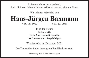 Traueranzeige von Hans-Jürgen Baxmann  von Magdeburger Volksstimme