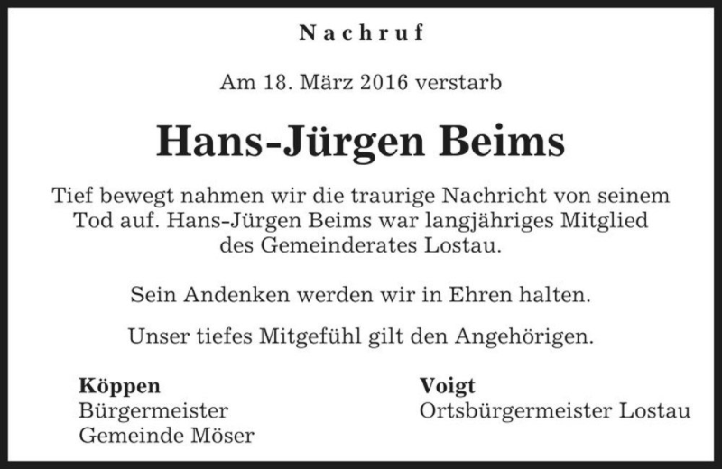  Traueranzeige für Hans-Jürgen Beims  vom 31.03.2016 aus Magdeburger Volksstimme