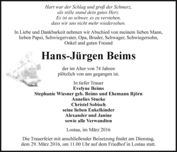 Traueranzeige von Hans-Jürgen Beims  von Magdeburger Volksstimme